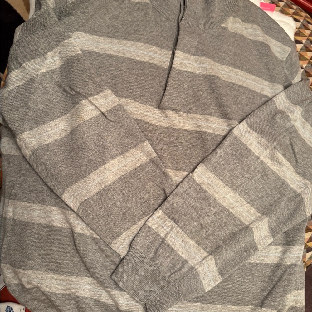 Like New Brooks Brothers Gray and White Zip-Up Supima Cotton Sweater